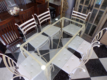 Load image into Gallery viewer, 1022 - Cream iron table (90cm x 160cm) with glass top and 8 chairs + cushions in very good condition!
