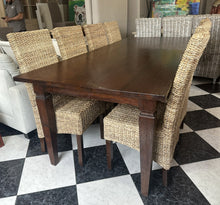 Cargar imagen en el visor de la galería, 1000 - Fantastic LARGE (very long! 240cm! 240cm x 100cm) solid wooden table + 8 rattan chairs. All high quality and good condition! =865€ for the set!