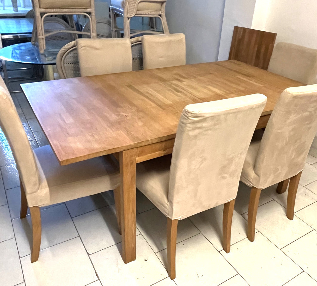 1064 - Wooden dining table + 6 fabric chairs. Very bad photo, but all in very good condition except faded spot from a runner on the top of the tabl (does not show so much, looks more on the photo) (180cm x 100cm, comes with a leaf to add 50cm)