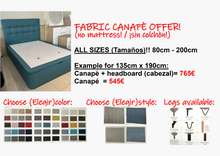 Cargar imagen en el visor de la galería, PACK OFFER FABRIC CANAPE + HEADBOARD - FABRIC CANAPÉ ON OR WITHOUT LEGS! PLUS HEADBOARD, CLICK TO SEE MORE INFO!