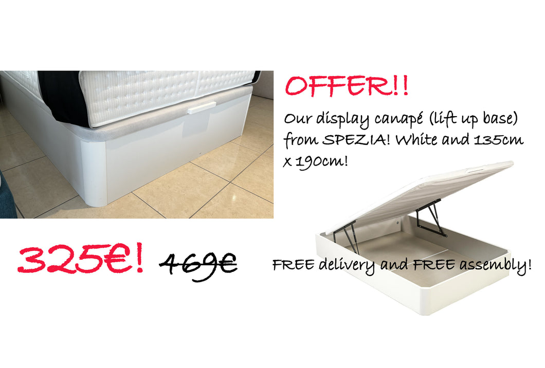U - U ************ NEW OFFER************* - Our display canapé (lift up base) from SPEZIA! White and 135cm x 190cm. Free delivery and assembly!