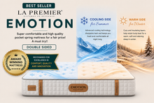 Load image into Gallery viewer, LA PREMIER'S BEST SELLER "EMOTION" - VOTED AS THE BEST MATTRESS OF 2022 BY EMC (SEE TEXT). Pocket springs with one COOLING SIDE for summer and one WARM SIDE for winter! Price starting from 624€.