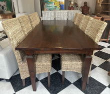 Cargar imagen en el visor de la galería, 1000 - Fantastic LARGE (very long! 240cm! 240cm x 100cm) solid wooden table + 8 rattan chairs. All high quality and good condition! =865€ for the set!