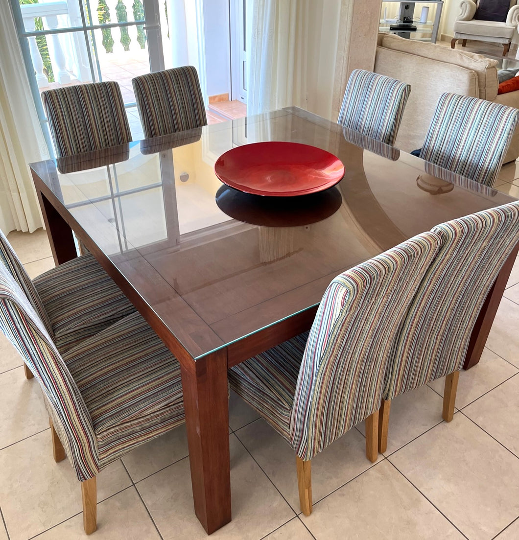 1084 - Large and heavy high quality wooden square dining table (140cm x 140cm) with glass top + 8 chairs!  CHAIRS SOLD!! TABLE REMAINING (295€)