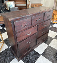 Load image into Gallery viewer, 1026 - HEAVY rustic wooden chest of drawers with studs on top (120cm x 43cm, 100cm high)
