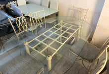 Load image into Gallery viewer, 1180 - Cream iron table (105cm x 180cm) + 6 chairs + cushions.
