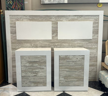 Load image into Gallery viewer, 1121 - Headboard (reversable, see photos!) (160cm wide and 121cm high) + 2 bedside tables (50cm x 35cm, 61cm high) All in very good condition!

