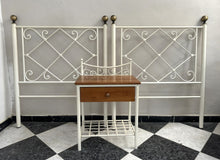 Load image into Gallery viewer, 1130- Two heavy wrought iron single bed headboards (98cm wide, 118cm high) + bedside table.
