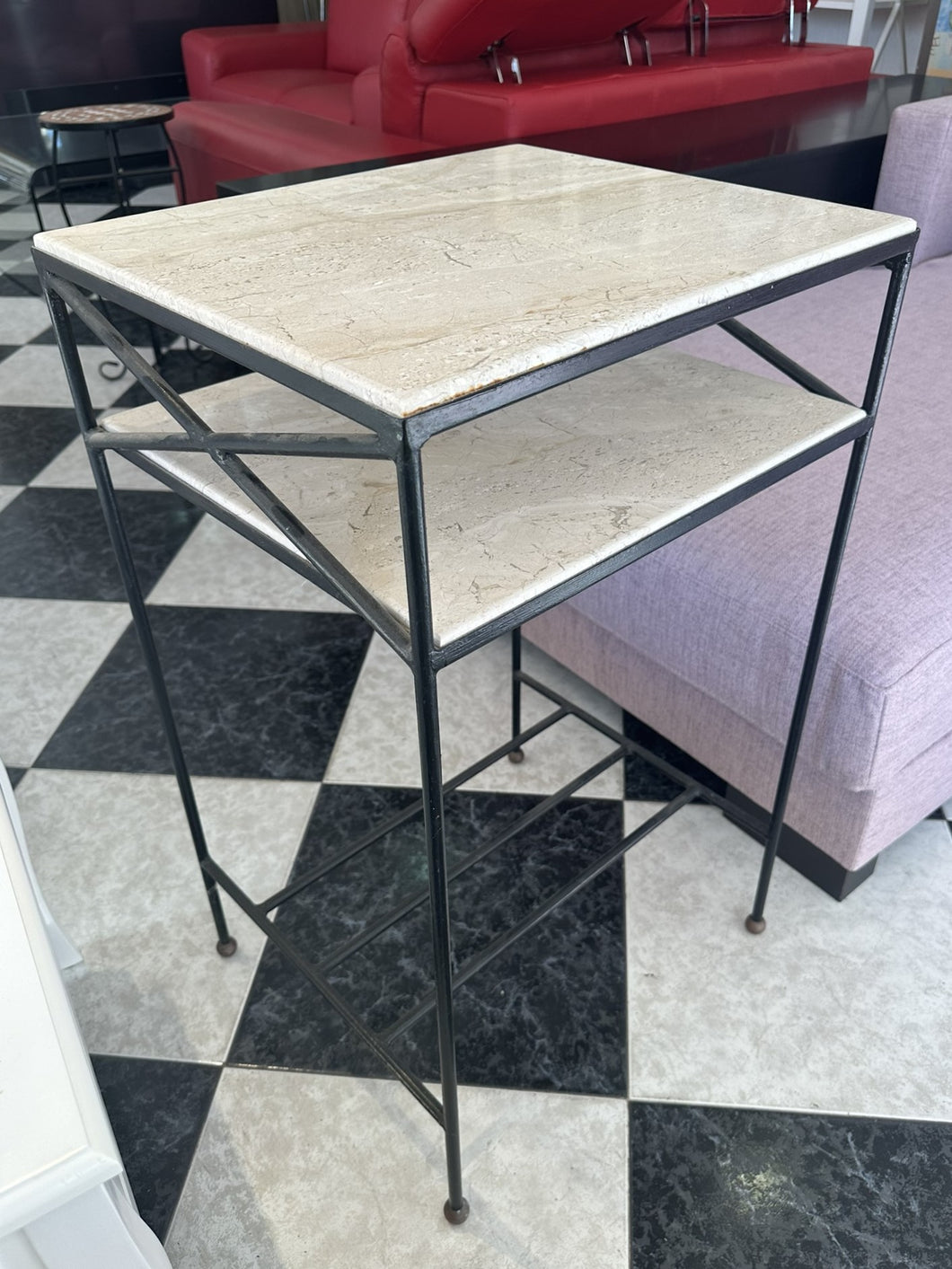 1112 - Heavy marble and iron side table (47cm x 41cm, 79cm high)