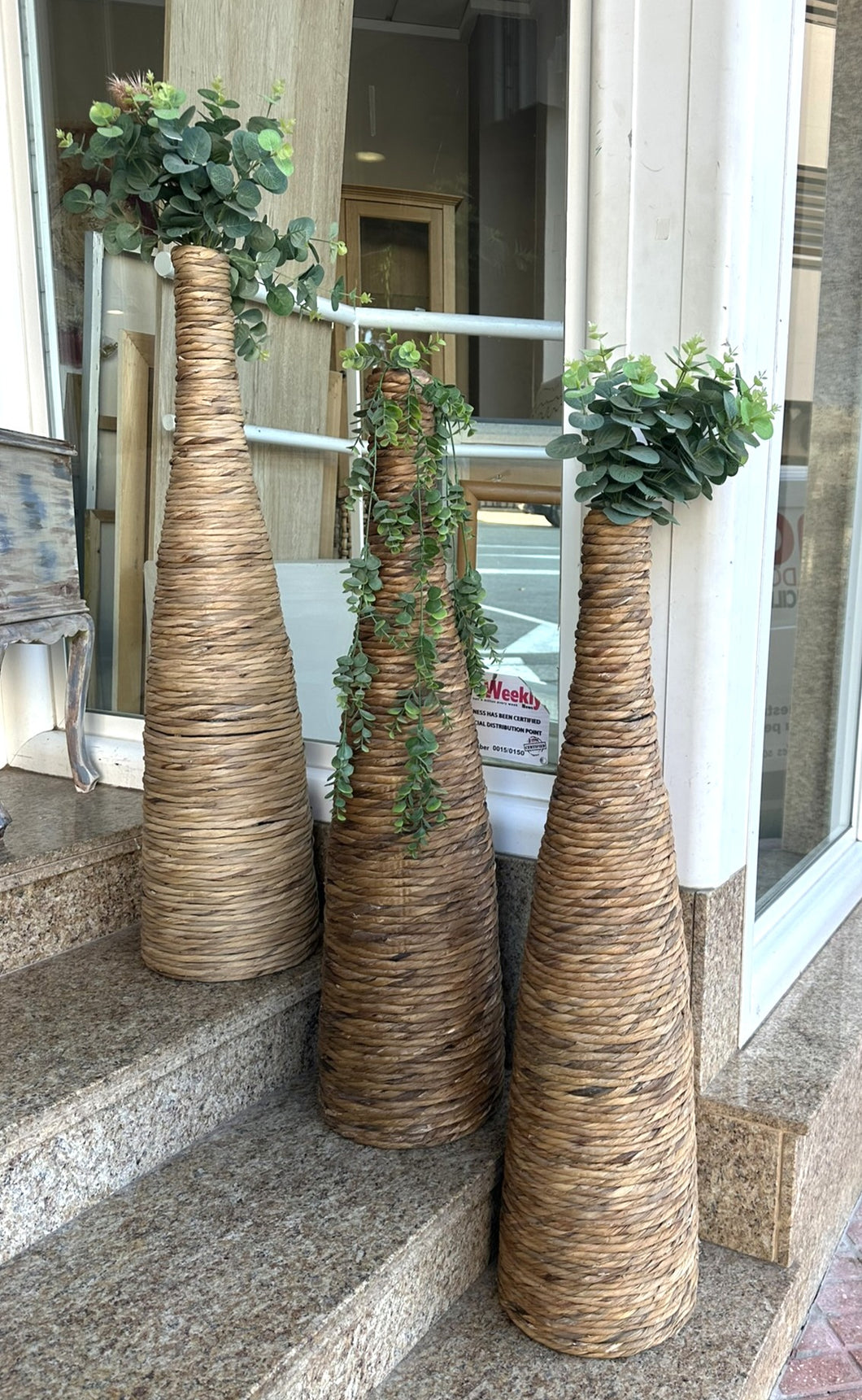 1033 - Vases (all three are 100cm high) with faux plants. 45€ each. TWO SOLD! THE ONE ON THE RIGHT REMANING!