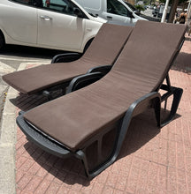 Load image into Gallery viewer, 1145 - Black sun loungers with brown cushions, 95€ for all 4 pieces.  (We have two more sun loungers, but without cushions!)
