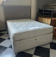 Load image into Gallery viewer, 1112 - Divan bed base with mattress from "Sealy" in good condition. (135cm x 190cm) + grey fabric headboard.
