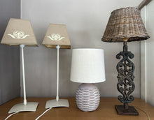 Load image into Gallery viewer, 1163 - Left: Two bedside lamps, 5€ for both (48cm). Middle: Small lamp 10€ (43cm) Right: Rattan lamp 35€ (53cm).
