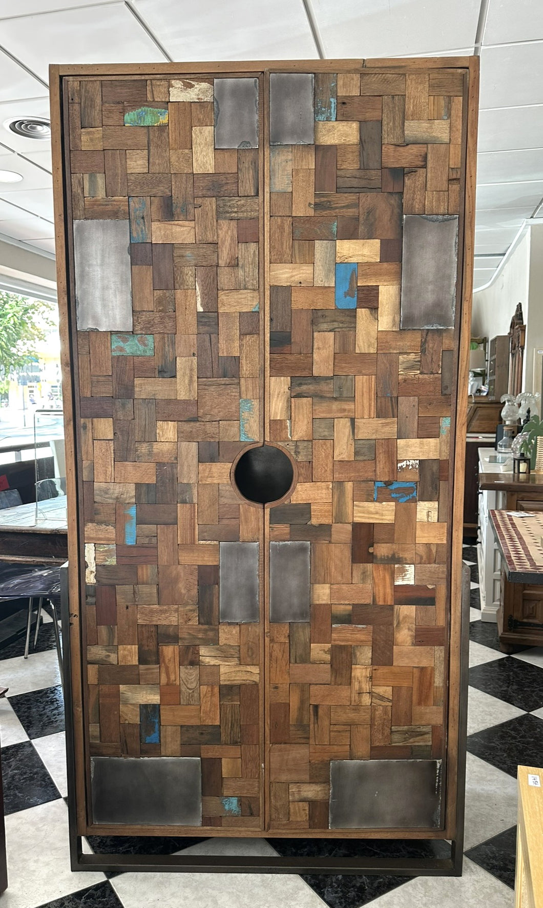 1002 - We love this fabulous large solid wooden cabinet that came into the shop! Iron features on the sides! (100cm x 40cm, 195cm high)