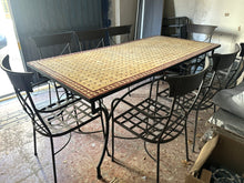 Load image into Gallery viewer, 1002 - Large Moroccan (200cm x 100cm) heavy dining table + 8 wrought iron chairs.
