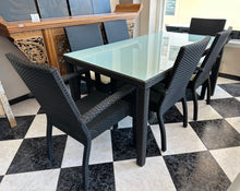 Cargar imagen en el visor de la galería, 1003 - Good quality outdoor dining table with opaque glass top + 6 chairs + cushions, all in very good condition! (160cm x 90cm)
