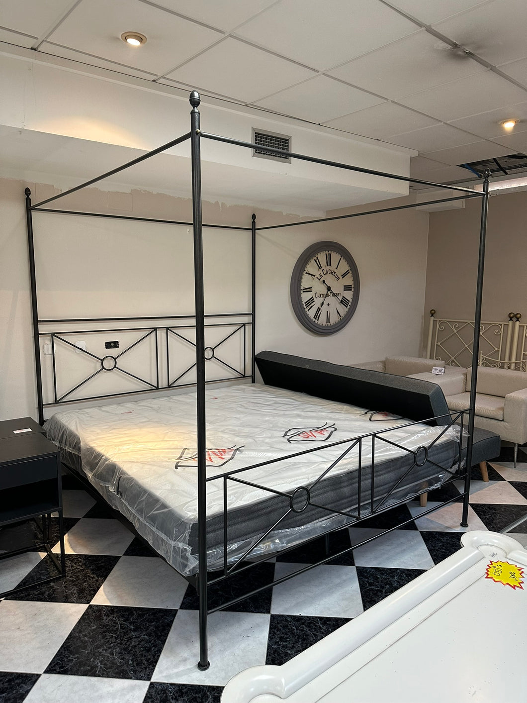 1009 - Four poster wrought iron bed! CAME IN LAST WEEK BUT NOW WITH MATTRESS + BASES. MATTRESS IS FACTORY NEW AND MEASURES 180cm X 200cm. (Mattress 380€ firm, frame 385€, or both 695€)