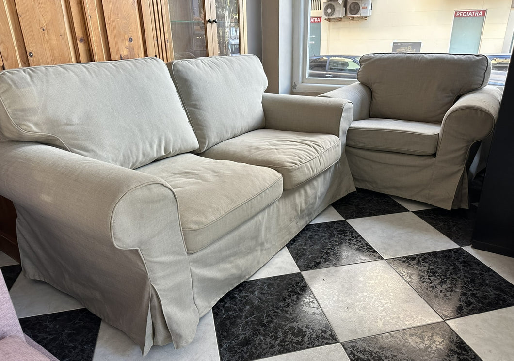 1031 - Two seater fabric sofa (175cm) + armchair. Good condition.  385€ for both.