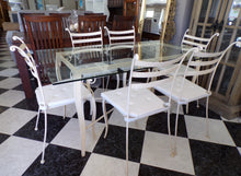 Load image into Gallery viewer, 1020 - Cream iron table (90cm x 160cm) with glass top and 8 chairs + cushions in very good condition!
