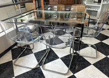 Load image into Gallery viewer, 1004 - Glass/chrome/pvc EXTENDIBLE dining table (125cm x 85cm OR 185cm x 85cm)+ 6 chairs.
