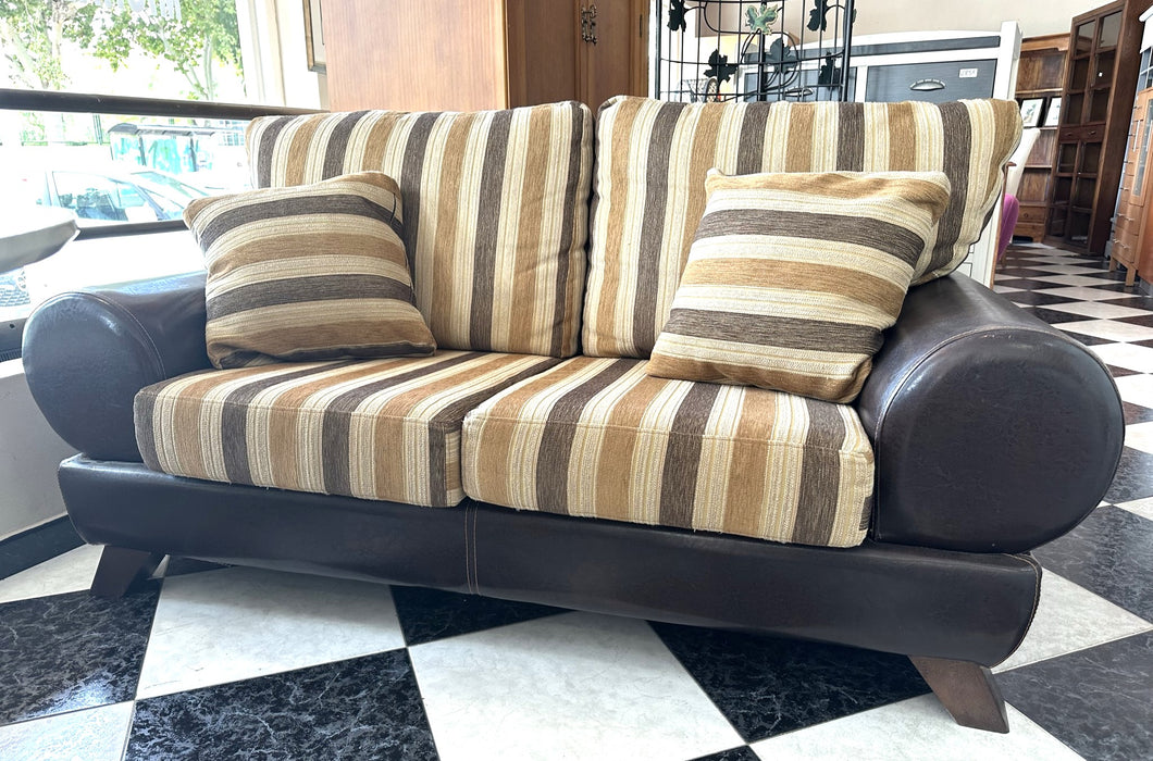 1077 - Good quality small leather and fabric striped sofa (170cm) in good condition.