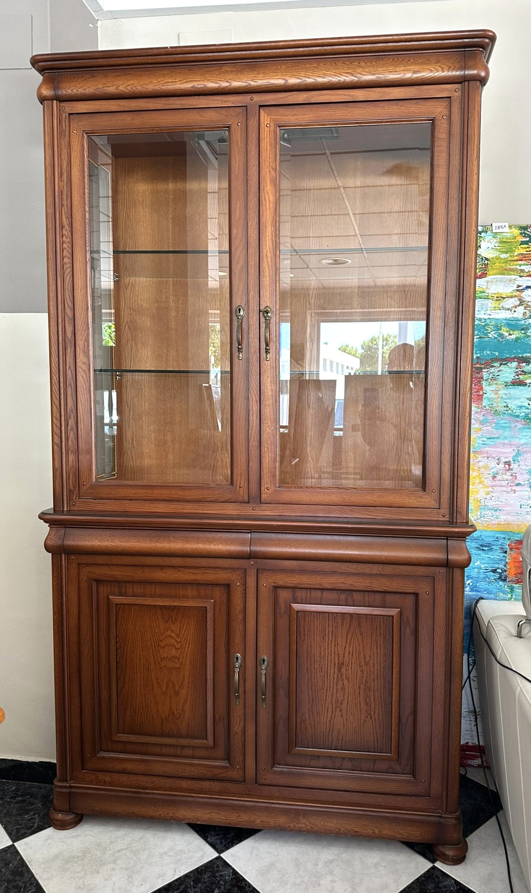 1019 - Large solid wooden display cabinet (123cm x 50cm, 217cm high)