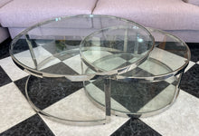 Load image into Gallery viewer, 1017 - Chrome / glass coffee table (large: 90cm across, 35cm high. Small: 70cm across, 30cm high)
