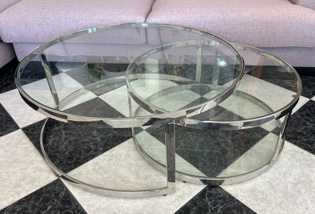 1017 - Chrome / glass coffee table (large: 90cm across, 35cm high. Small: 70cm across, 30cm high)