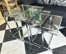 Load image into Gallery viewer, 1047 - Glass / chrome nest of tables (Biggest table: 51cm x 51cm, 55cm high)
