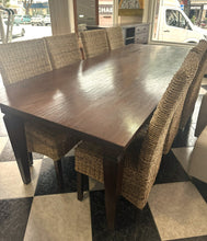 Load image into Gallery viewer, 1000 - Fantastic LARGE (very long! 240cm! 240cm x 100cm) solid wooden table + 8 rattan chairs. All high quality and good condition!  =865€ for the set!
