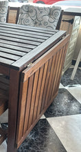 Load image into Gallery viewer, 1028 - Teak drop leaf table (145cm x 77cm. EXTENDED: 265cm x 77cm) + bench + two armchairs.
