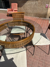 Load image into Gallery viewer, 1056 - Round glass/rattan table (110cm across) + 4 chairs + cushions in good condition!
