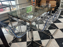 Load image into Gallery viewer, 1004 - Glass/chrome/pvc EXTENDIBLE dining table (125cm x 85cm OR 185cm x 85cm)+ 6 chairs.
