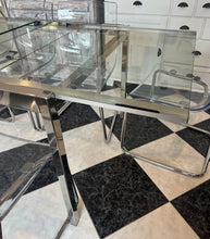 Load image into Gallery viewer, 1004 - Glass/chrome/pvc EXTENDIBLE dining table (125cm x 85cm OR 185cm x 85cm)+ 6 chairs.
