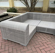 Load image into Gallery viewer, 1153 - Modular outdoor sofa. SOFA BASE IS IN GOOD CONDITION (CLICK FOR PHOTOS) BUT CUSHIONS NEED NEW COVERS. A project for a seamstress!  The modules can be placed in any shape, but as photo the sides are: 190 &amp; 350cm.
