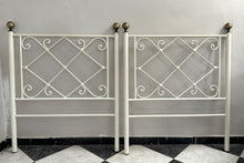 Load image into Gallery viewer, 1130- Two heavy wrought iron single bed headboards (98cm wide, 118cm high) + bedside table.
