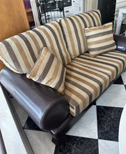 Load image into Gallery viewer, 1077 - Good quality small leather and fabric striped sofa (170cm) in good condition.
