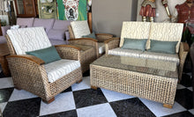 Load image into Gallery viewer, 1000 - Rattan set (consisting of 2 armchairs + side table + coffee table + cushions + pillows).
