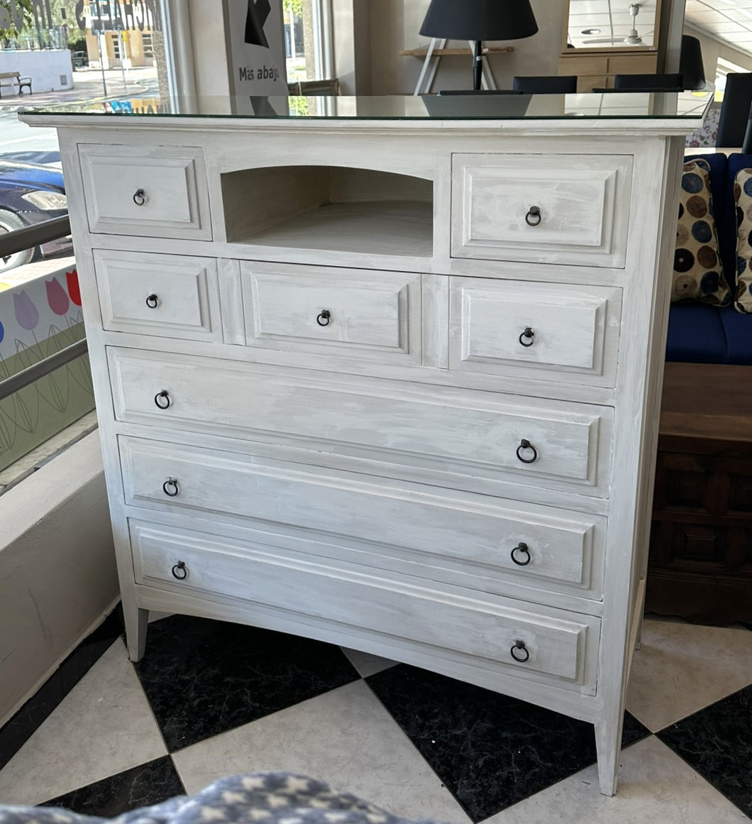 1030 - Large wooden chest of drawers with glass on top! (112cm x 50cm, 117cm high)