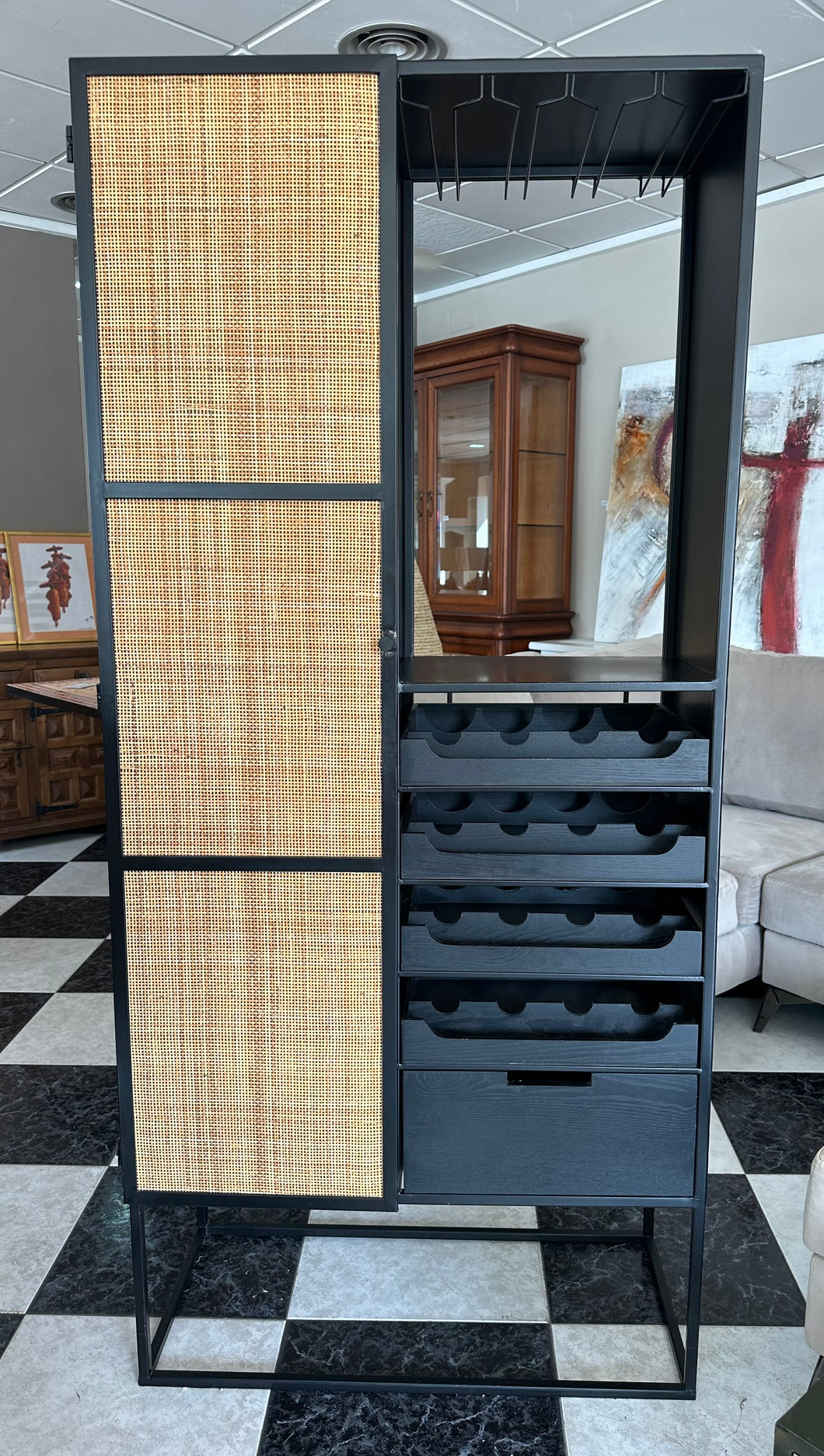 1051 - Wine shelf/cabinet, metal (80cm x 38cm, 176cm high).