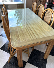 Load image into Gallery viewer, 1020 - Dining table with thick glass top (181cm x 83cm) + 6 chairs + cushions!
