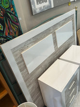 Load image into Gallery viewer, 1121 - Headboard (reversable, see photos!) (160cm wide and 121cm high) + 2 bedside tables (50cm x 35cm, 61cm high) All in very good condition!

