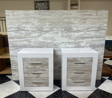 Load image into Gallery viewer, 1121 - Headboard (reversable, see photos!) (160cm wide and 121cm high) + 2 bedside tables (50cm x 35cm, 61cm high) All in very good condition!
