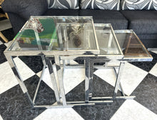 Load image into Gallery viewer, 1047 - Glass / chrome nest of tables (Biggest table: 51cm x 51cm, 55cm high)
