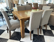Load image into Gallery viewer, 1003 - Solid wooden EXTENDIBLE dining table + 6 fabric chairs.  (150cm x 90cm, when not extended)
