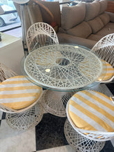 Load image into Gallery viewer, 1007 - Round glass top table (90cm across) + 4 chairs with cushions.
