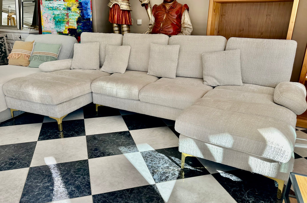 1000 - WHITE FABRIC L-SHAPED SOFA.