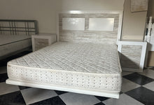 Cargar imagen en el visor de la galería, 1121 - Mattress (150cm x 190cm) + faux leather base + headboard + 2 bedside tables. (The headboard is reversable, see photos!, 160cm wide and 121cm high) + 2 bedside tables (50cm x 35cm, 61cm high) All in very good condition!
