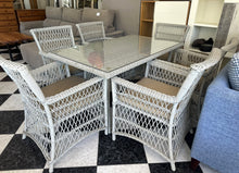 Load image into Gallery viewer, 1004 - Rattan dining table (147cm x 86cm) 6 chairs + cushions.
