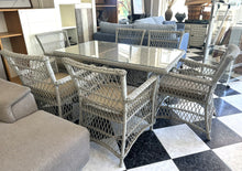 Load image into Gallery viewer, 1004 - Rattan dining table (147cm x 86cm) 6 chairs + cushions.

